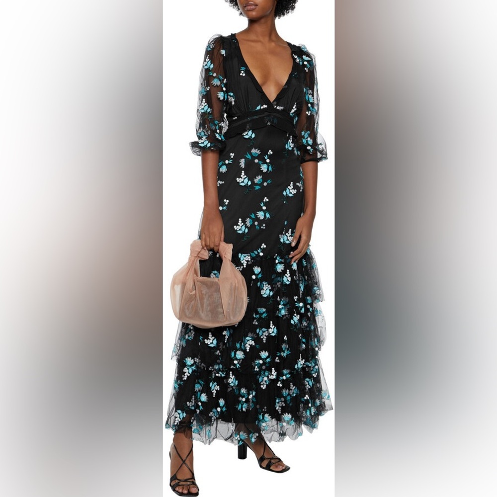 DVF Marleigh Silk Gown Black Blue Embroidered Floral Tulle cottagecore evening